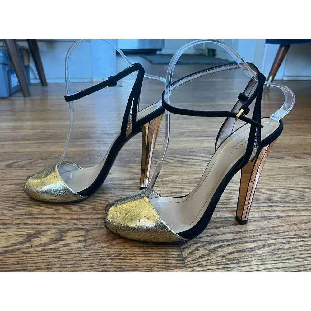 Gucci Gold Leather Peep Toe Heels Shoes  Women's Size EU 37 US 6.5 - Picture 8 of 11
